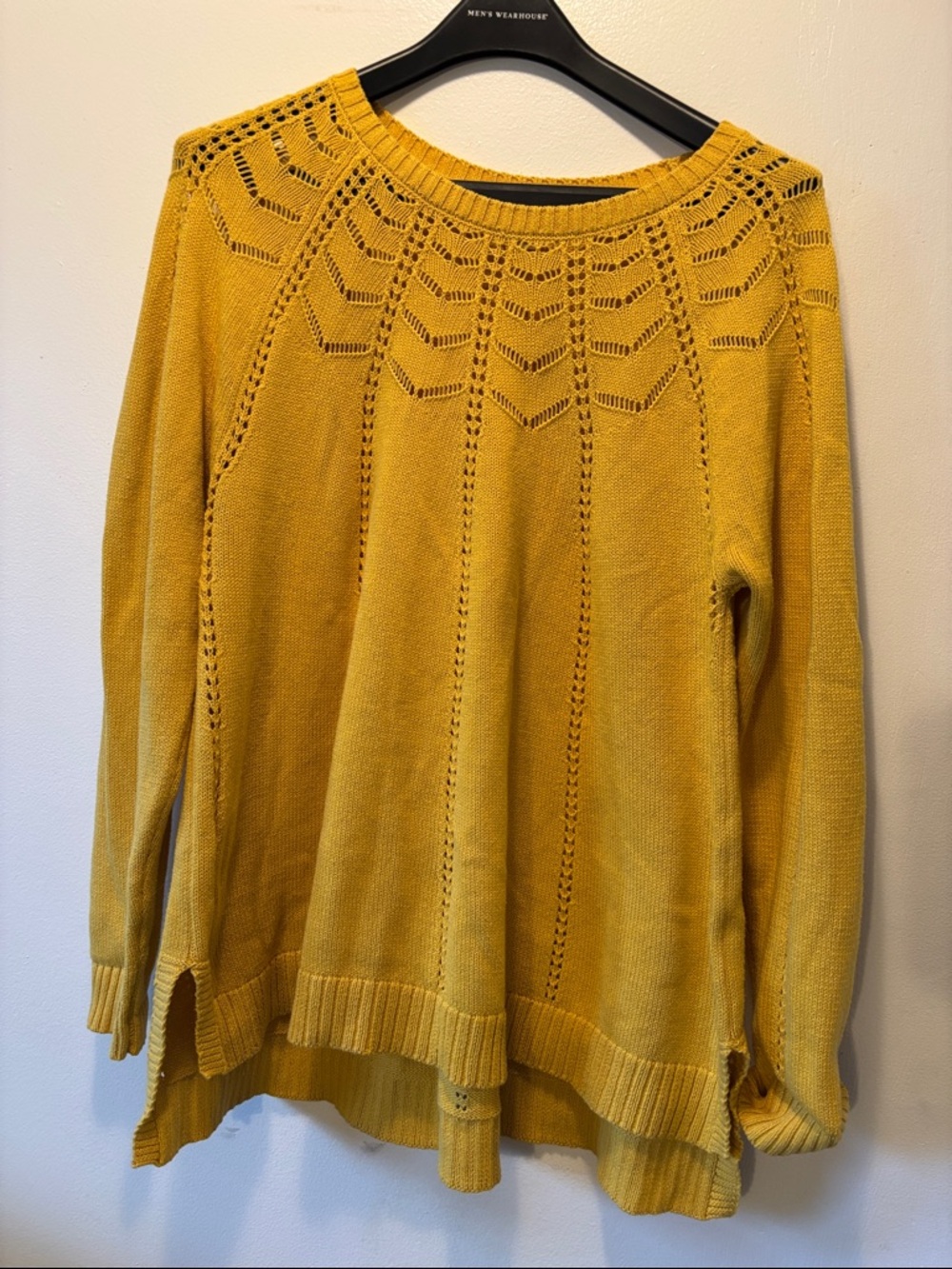 Women's Mustard Yellow Openwork Yoke Knit Sweater